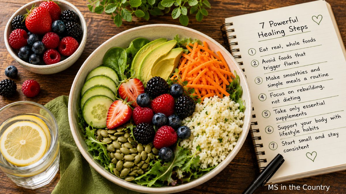 Colorful whole foods and a handwritten wellness checklist representing ways to manage MS naturally without drugs