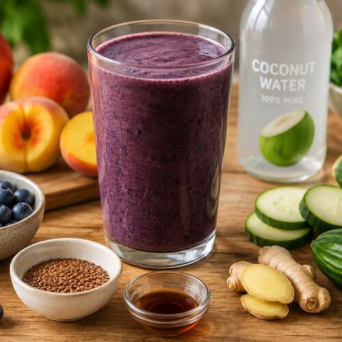 Anti-inflammatory smoothie for MS made with wild blueberries, mango, leafy greens, cucumber, zucchini, flaxseeds, ginger, and coconut water