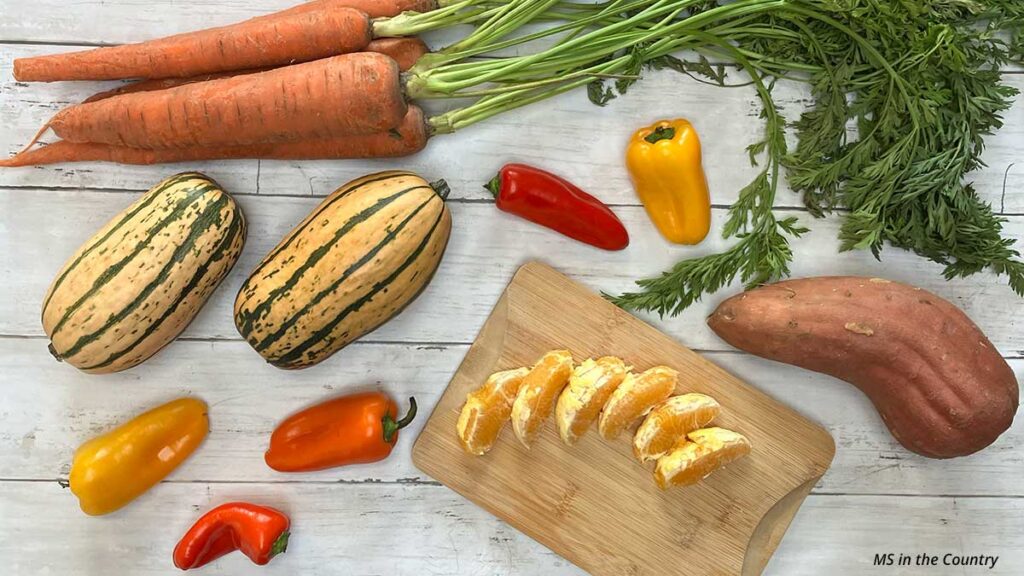 Vitamin A rich foods to reverse MS symptoms naturally - carrots, delicata squash, sweet potato, bell peppers, and orange slices