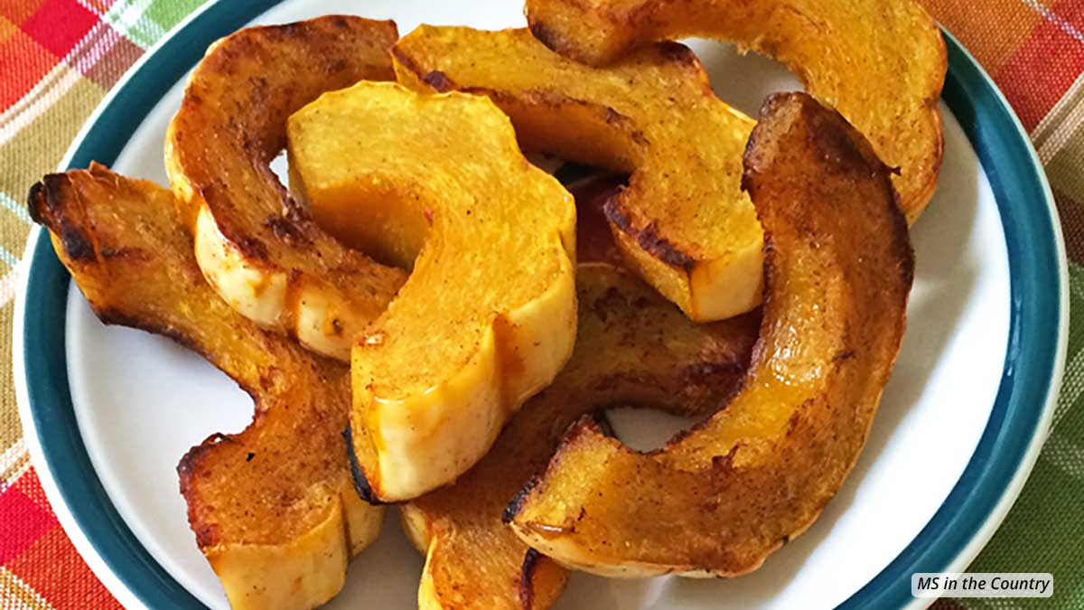 Roasted delicata squash slices with golden, caramelized edges on a white plate — an easy and healthy delicata squash recipe.