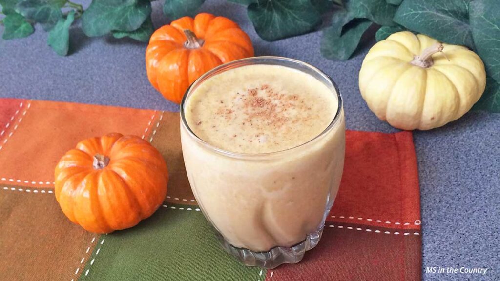 Pumpkin Pie Smoothie in a glass topped with nutmeg, surrounded by small pumpkins on a fall-colored napkin.