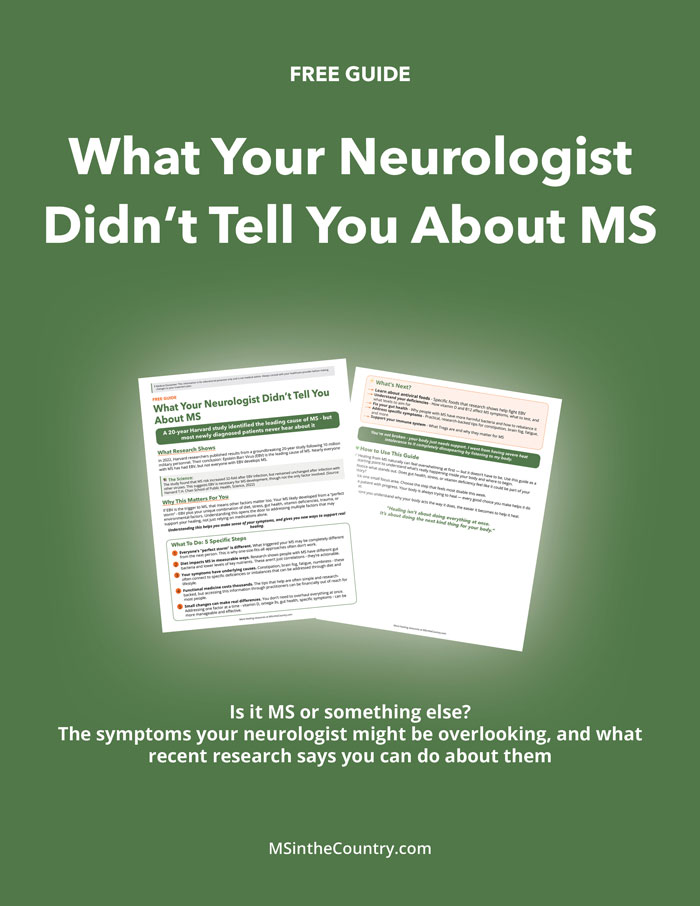 Free MS guide cover showing "What Your Neurologist Didn't Tell You About MS" with preview pages about EBV and vitamin D research