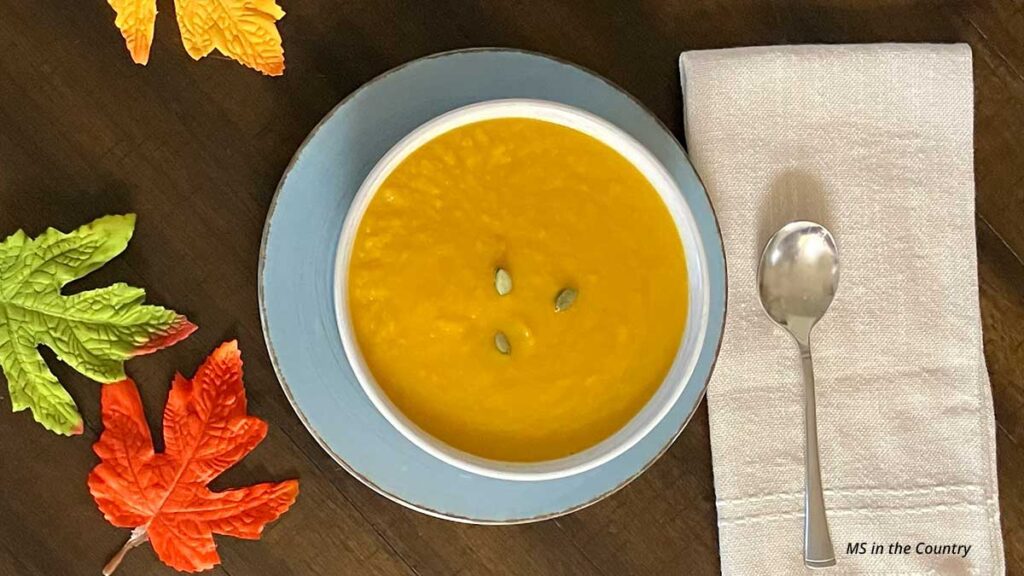 Creamy butternut squash soup with pumpkin seeds – a healing recipe from my MS Thanksgiving Week Meal Plan