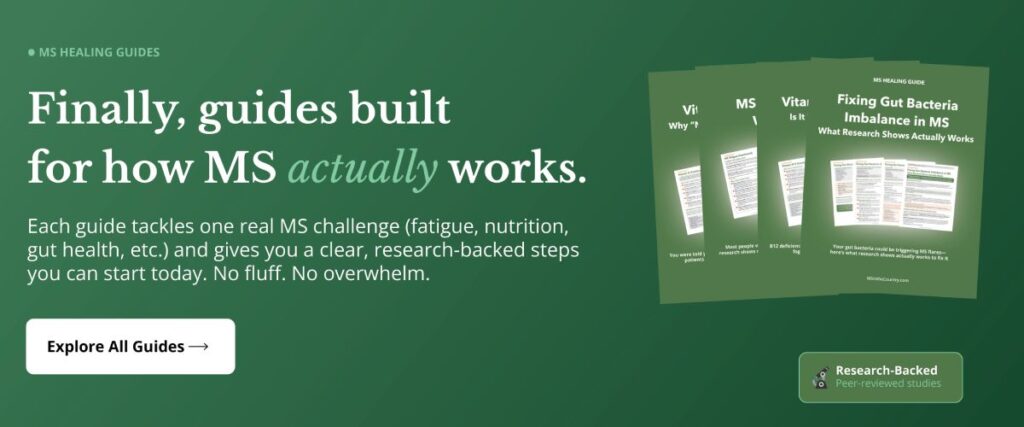 MS Healing Guides collection showing research-based guides for nutrition, gut health, fatigue, and symptom support.