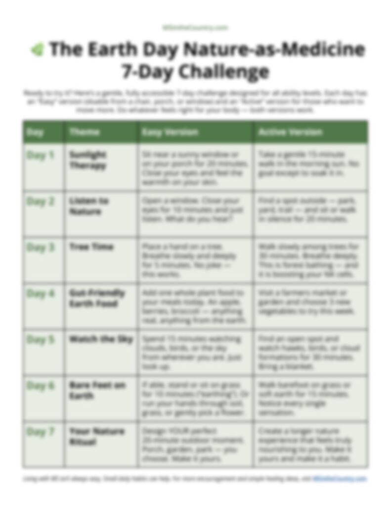 Earth Day Nature-as-Medicine 7-Day Challenge printable guide with easy and active nature activities for each day
