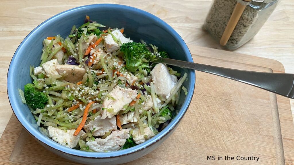 A blue ceramic bowl filled with easy chicken and broccoli stir fry topped with hemp seeds, served on a wooden cutting board.