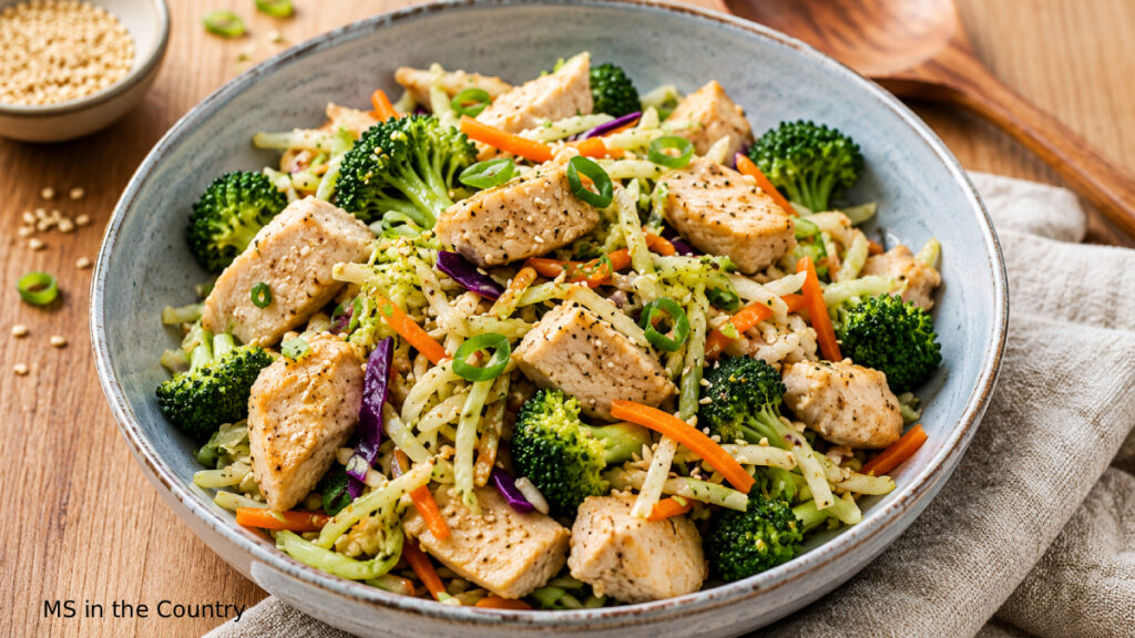 chicken and broccoli stir fry in a rustic bowl with shredded carrots, purple cabbage, sesame seeds, and fresh chives
