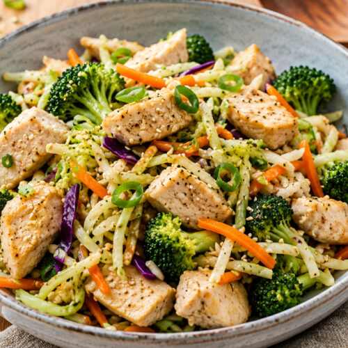 chicken and broccoli stir fry in a rustic bowl with shredded carrots, purple cabbage, sesame seeds, and fresh chives