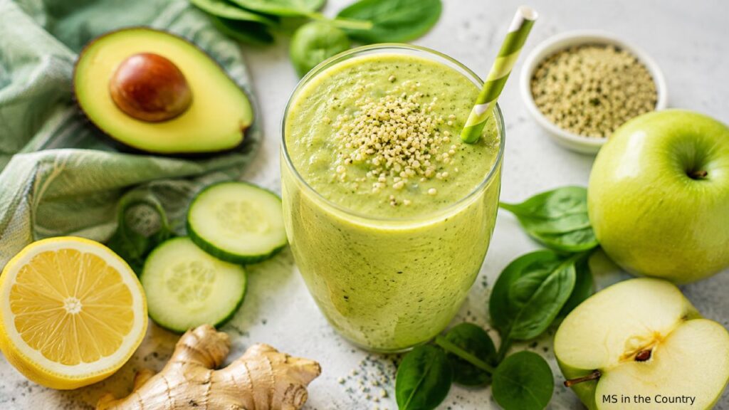 MS-friendly green smoothie with avocado, spinach, cucumber, and hemp seeds in a glass with a green straw