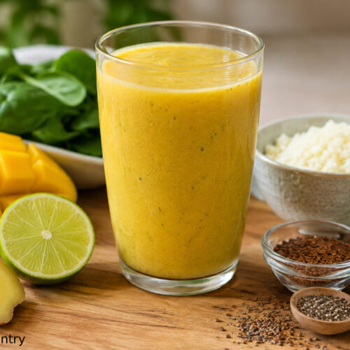 A tall glass of golden MS-friendly mango smoothie surrounded by fresh ingredients on a wooden board, including sliced mango, ginger root, lime, baby spinach, flaxseed, chia seeds, cauliflower rice, mint leaves, and a bottle of coconut water.