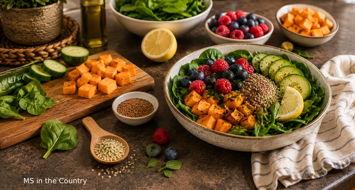 Whole food ingredients for MS gut health on a dark kitchen countertop including leafy greens, berries, sweet potatoes, flaxseeds, cucumber, lemon, and olive oil.