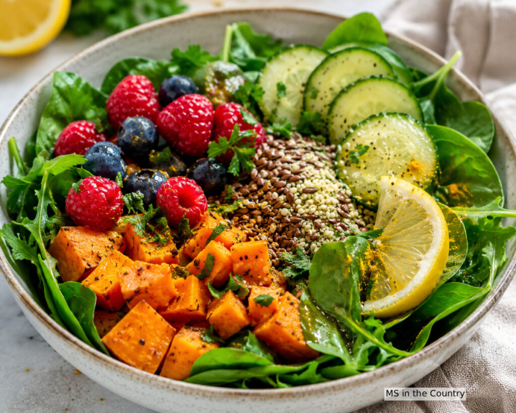 A gut healthy bowl with spinach, roasted sweet potato cubes, raspberries, blueberries, flaxseeds, hemp seeds, cucumber slices, and lemon, topped with fresh herbs