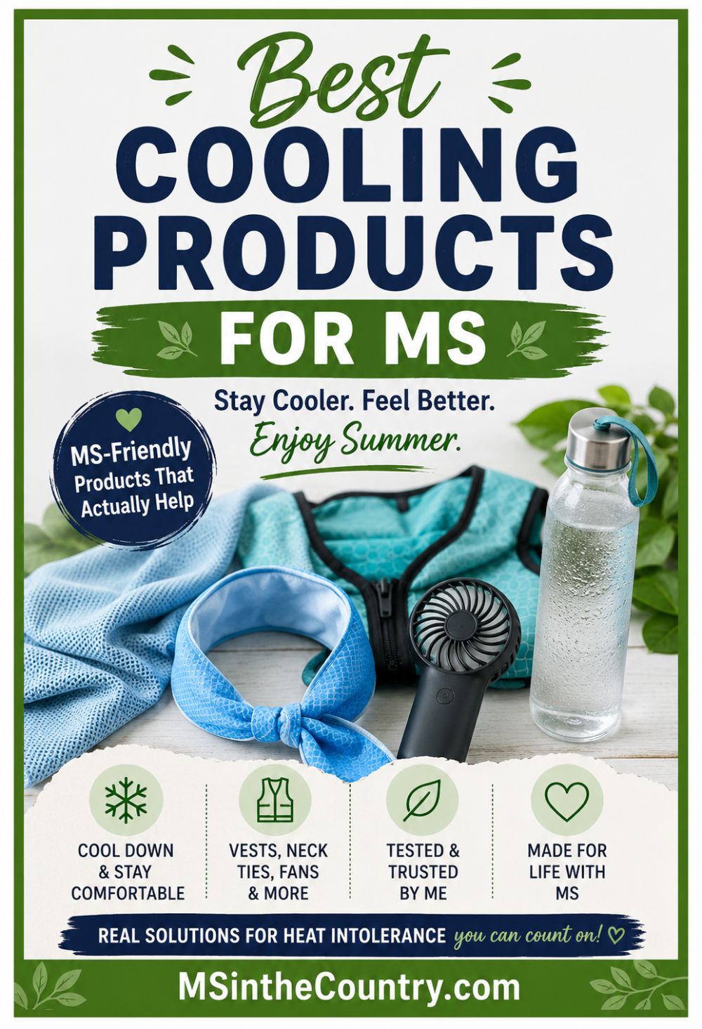 Best Cooling Products for MS featuring a cooling vest, cooling neck tie, portable fan, and insulated water bottle for managing heat intolerance.