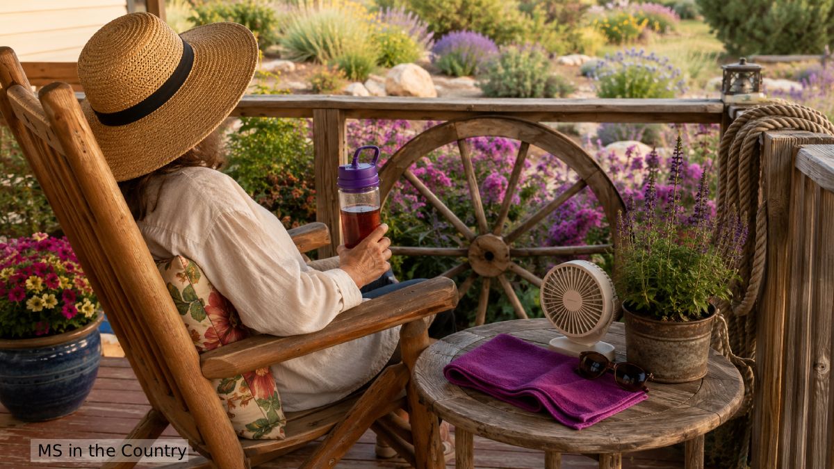 Best cooling products for MS on a rustic porch, including a cooling towel, portable fan, insulated water bottle, and rocking chair.