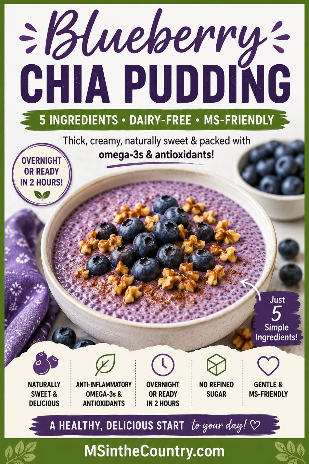 Pinterest pin for Blueberry Chia Pudding featuring a creamy blueberry chia pudding topped with fresh blueberries and chopped walnuts.