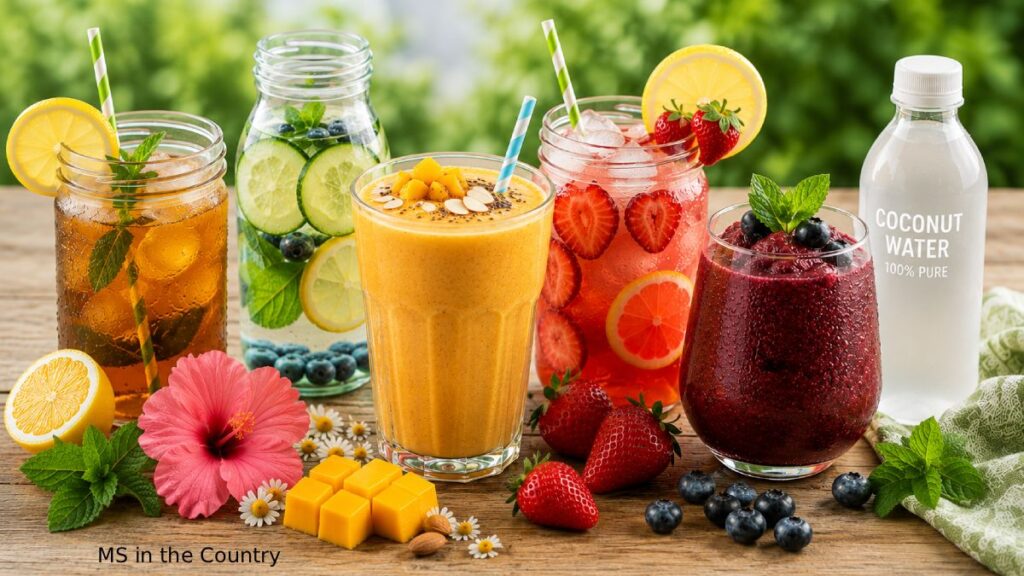 Cold drinks for MS including herbal iced tea, fruit-infused water, mango smoothie, strawberry herbal cooler, berry slushie, and coconut water.