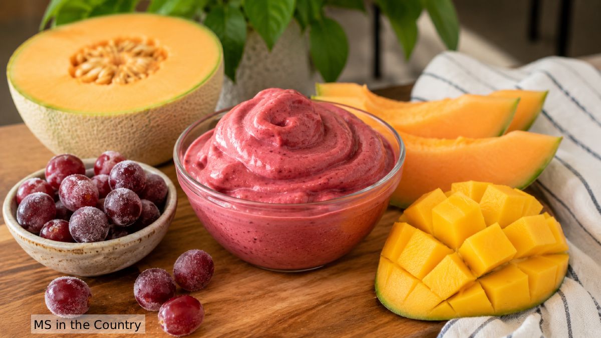 Cooling foods for MS - frozen grapes, cherry nice cream, melon, and mango