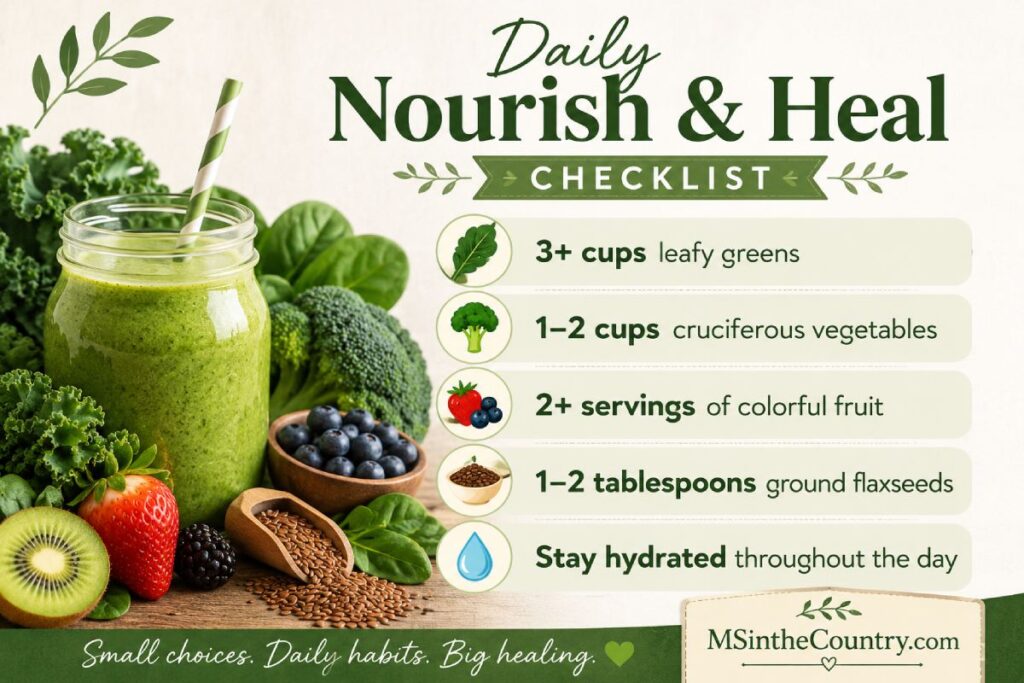 Daily Nourish and Heal Checklist with daily goals for leafy greens, cruciferous vegetables, colorful fruit, ground flaxseeds, and hydration for an MS-friendly lifestyle.