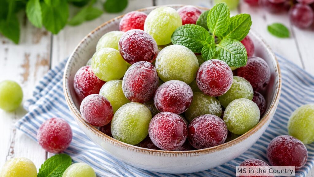 Frozen grapes healthy summer snack with red and green grapes in a white bowl garnished with fresh mint