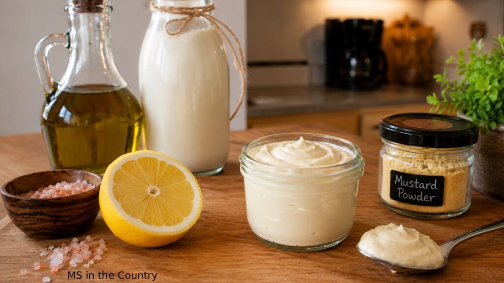 Homemade mayonnaise without eggs in a glass jar surrounded by olive oil, almond milk, lemon, sea salt, and mustard powder