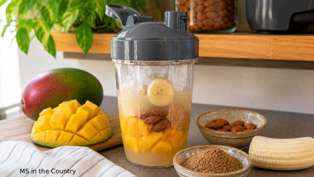 Mango almond butter smoothie ingredients layered in a NutriBullet cup with ice, banana, mango, and almonds