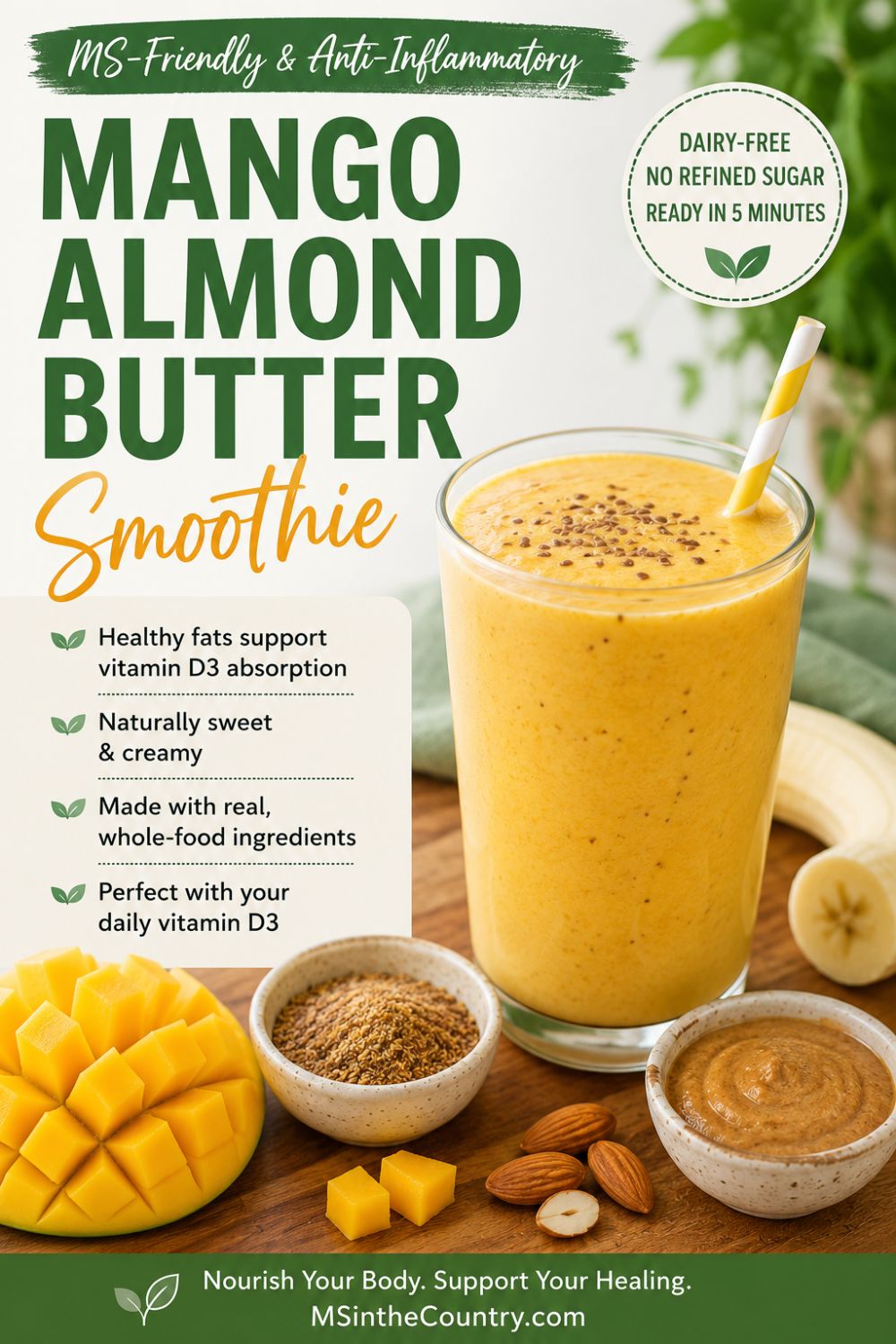 5-minute anti-inflammatory smoothie for MS made with wild blueberries, mango, peaches, apple, greens, flaxseeds, and ginger in a glass, with fresh ingredients surrounding it.