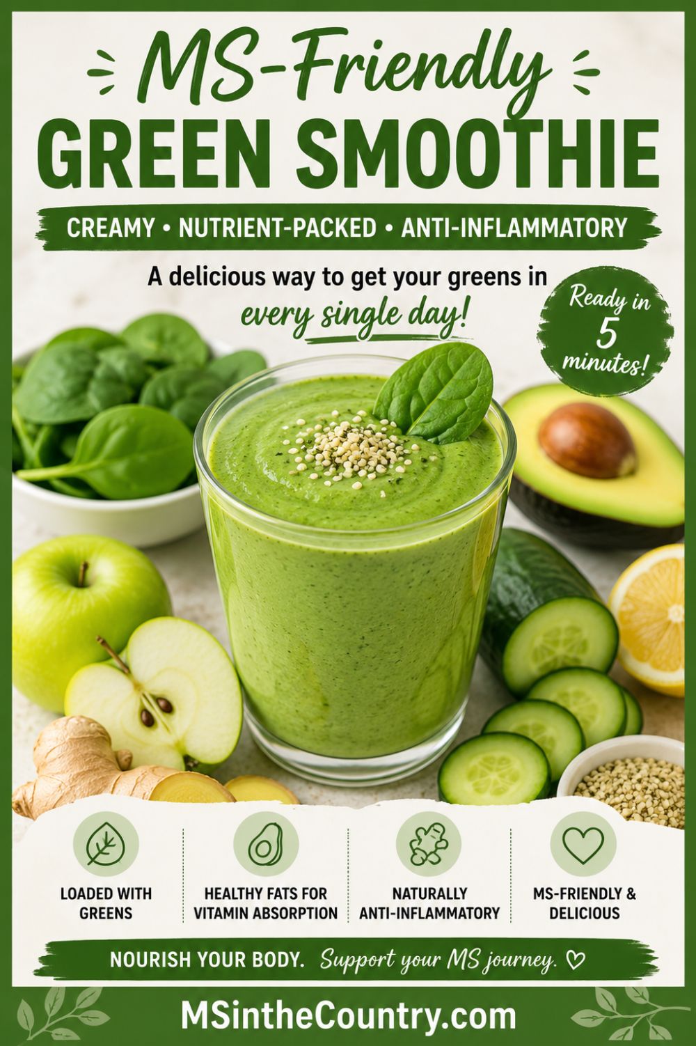 Pinterest pin for an MS-Friendly Green Smoothie featuring a creamy spinach, cucumber, green apple, avocado, lemon, ginger, and hemp seed smoothie that's ready in 5 minutes.