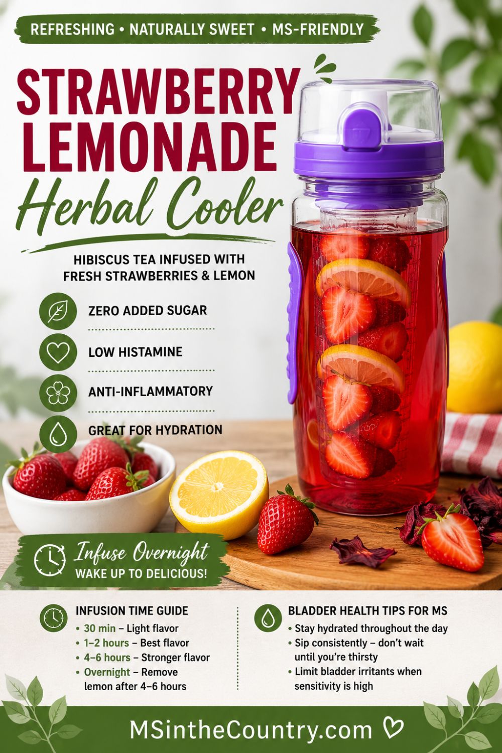 Strawberry Lemonade Herbal Cooler Pinterest pin showing hibiscus tea in a purple fruit infuser bottle with fresh strawberries and lemon, infusion time guide, and MS bladder health tips