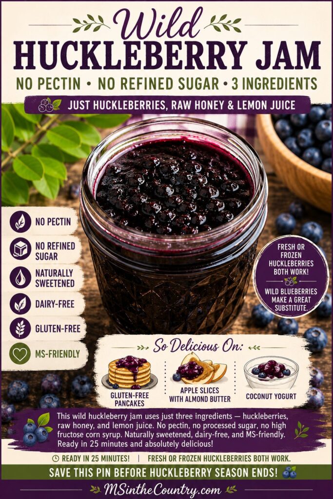 Jar of wild huckleberry jam with text overlay describing the recipe features