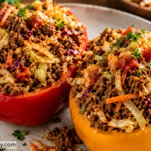 Easy Healthy Stuffed Peppers filled with seasoned ground beef, colorful coleslaw vegetables, and tomatoes.