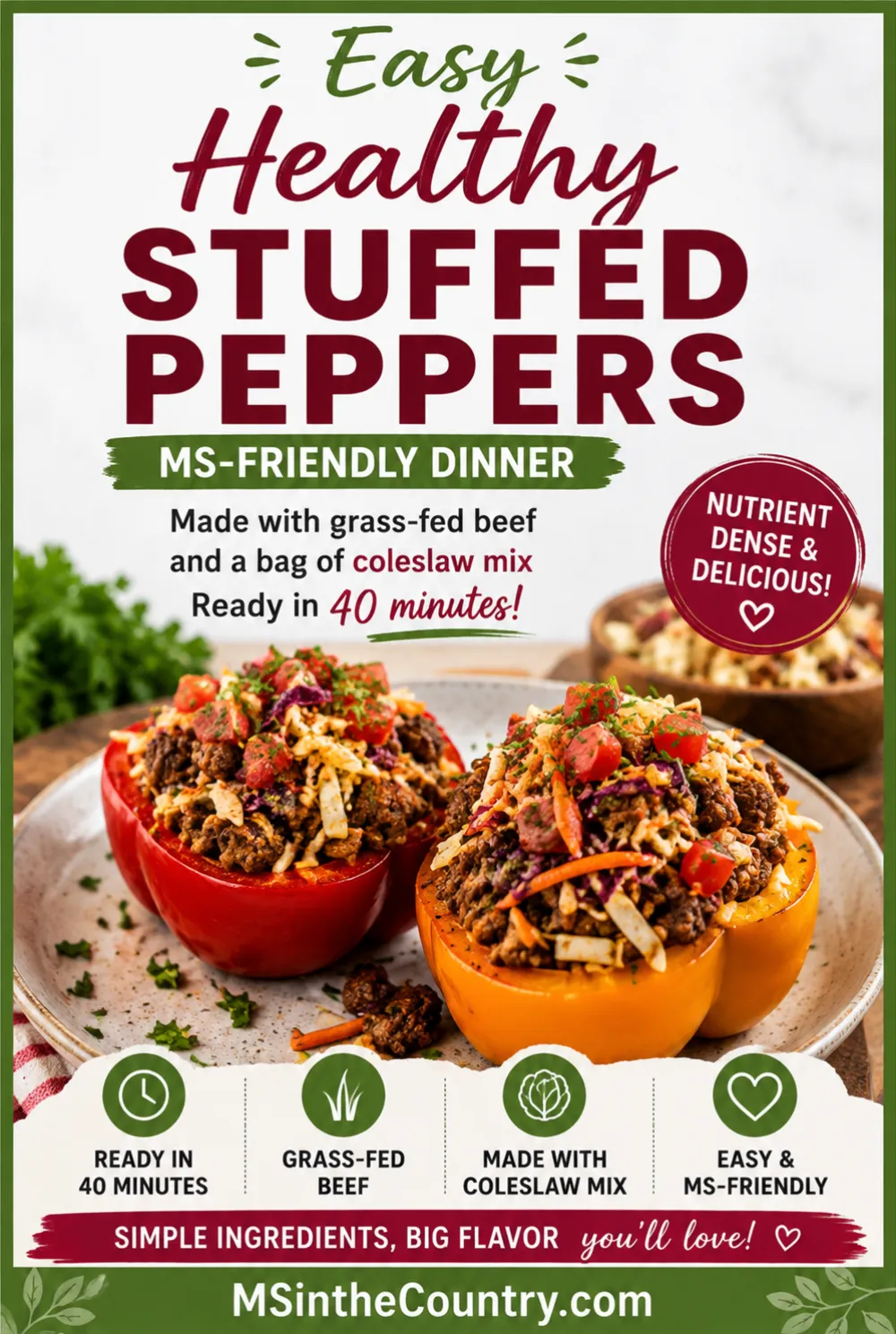 Easy healthy stuffed peppers with grass-fed beef and coleslaw mix filling, served on a stoneware plate