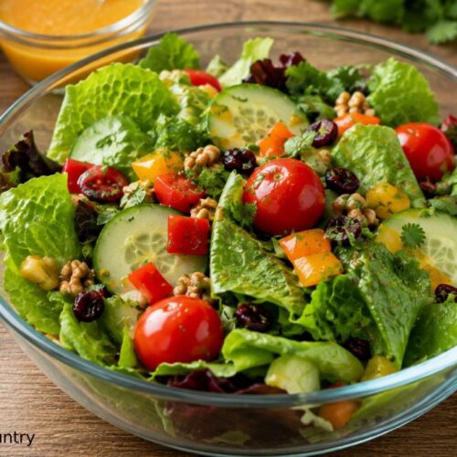 Garden salad with honey orange dressing in a glass bowl with grape tomatoes, cucumber, cranberries, walnuts, and fresh herbs.