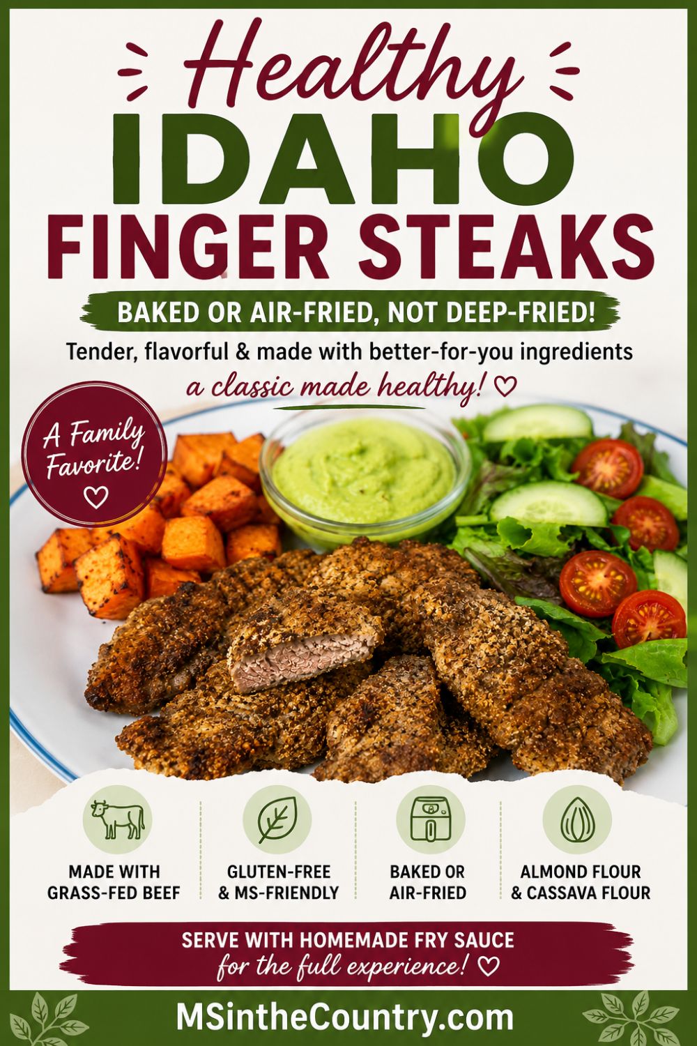 Pinterest pin for Healthy Idaho Finger Steaks featuring gluten-free breaded sirloin strips served with roasted sweet potatoes, fresh salad, and dipping sauce.