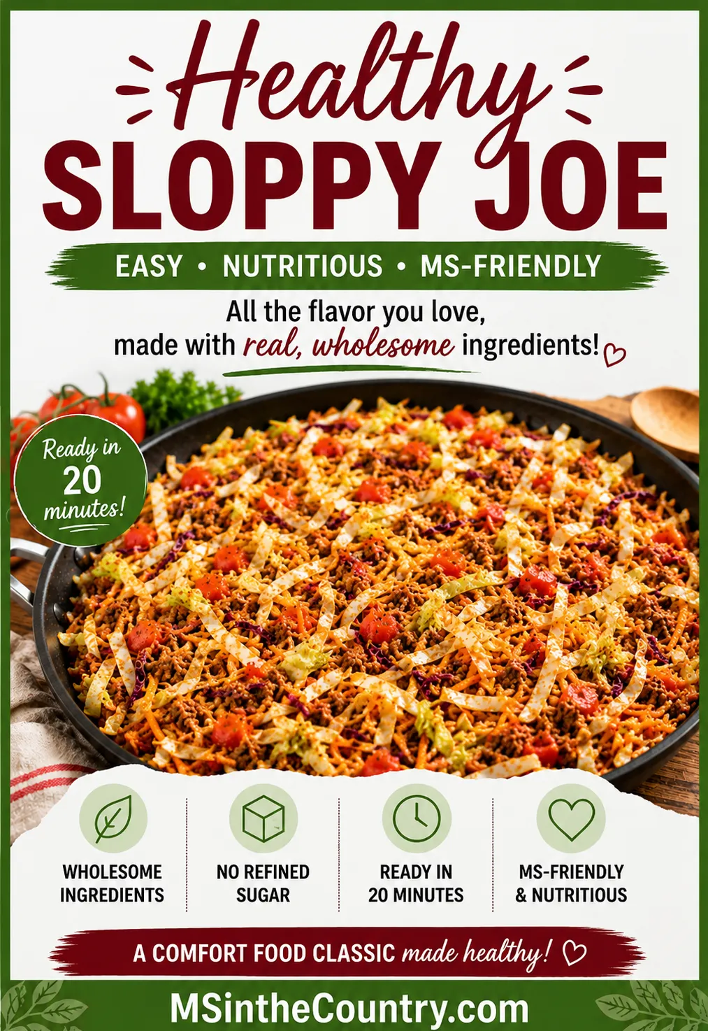 Healthy Sloppy Joe recipe with ground beef, coleslaw mix, and tomatoes in a skillet, ready in 20 minutes.