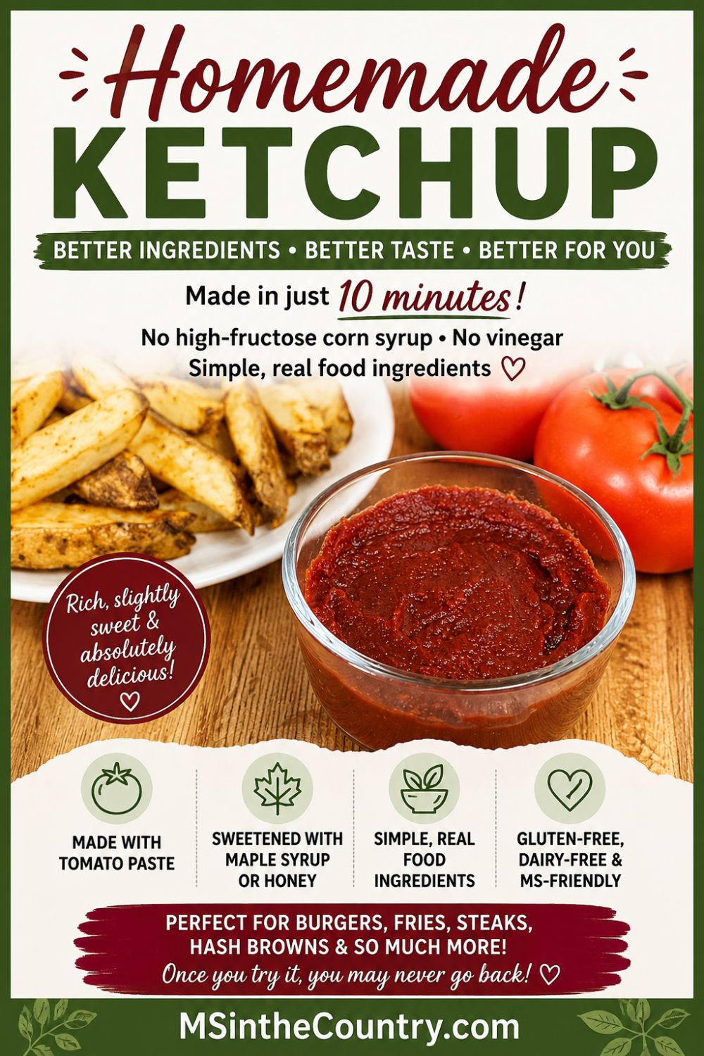 Pinterest pin for Homemade Ketchup featuring homemade ketchup served with potato fries and fresh tomatoes.
