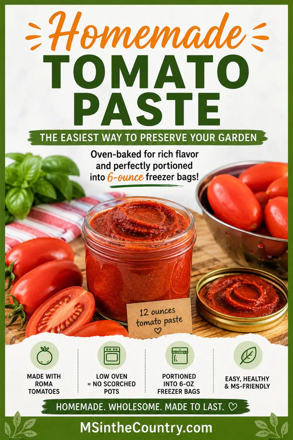 Homemade tomato paste recipe made with Roma tomatoes and oven-baked for easy freezer storage.