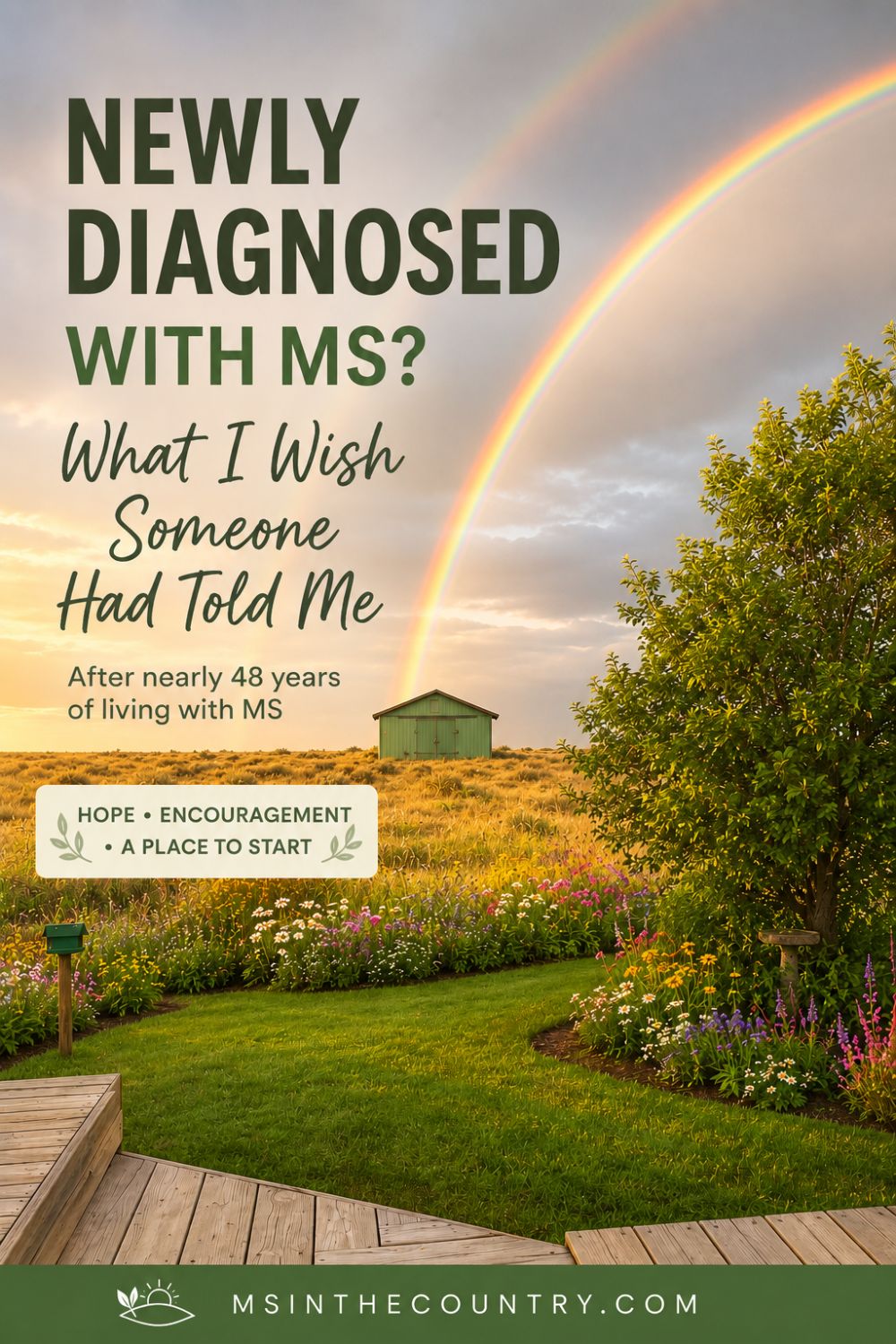 Newly diagnosed with MS Pinterest pin with a rainbow over a peaceful country landscape and the words What I Wish Someone Had Told Me