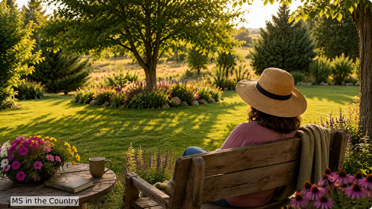 Woman relaxing peacefully in the garden, since stress makes MS symptoms worse and calm moments help