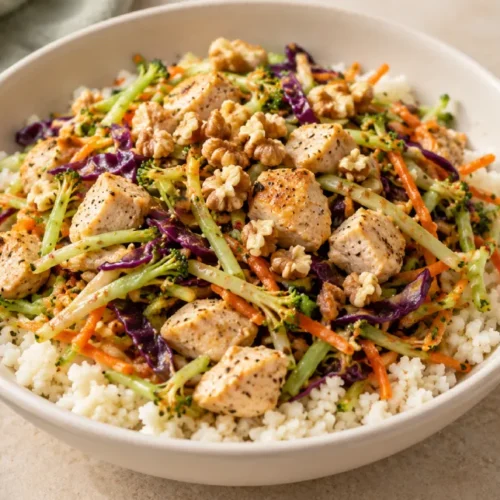 Broccoli slaw and chicken over cauliflower rice topped with chopped walnuts.