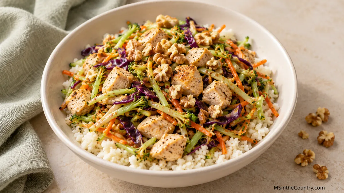 10-Minute Broccoli Slaw Chicken Bowl with Cauliflower Rice (One Pan, 10 Minutes)