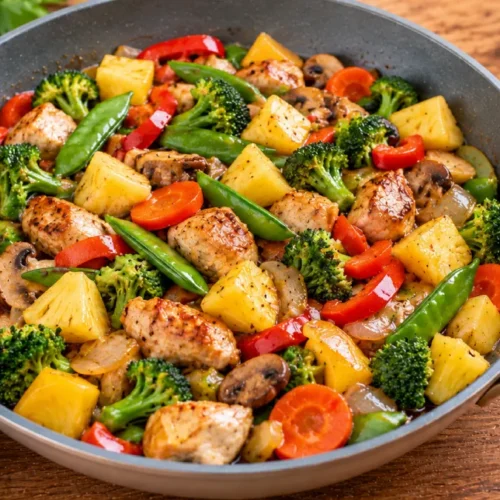Easy sweet and savory pineapple stir-fry with colorful vegetables and optional chicken.