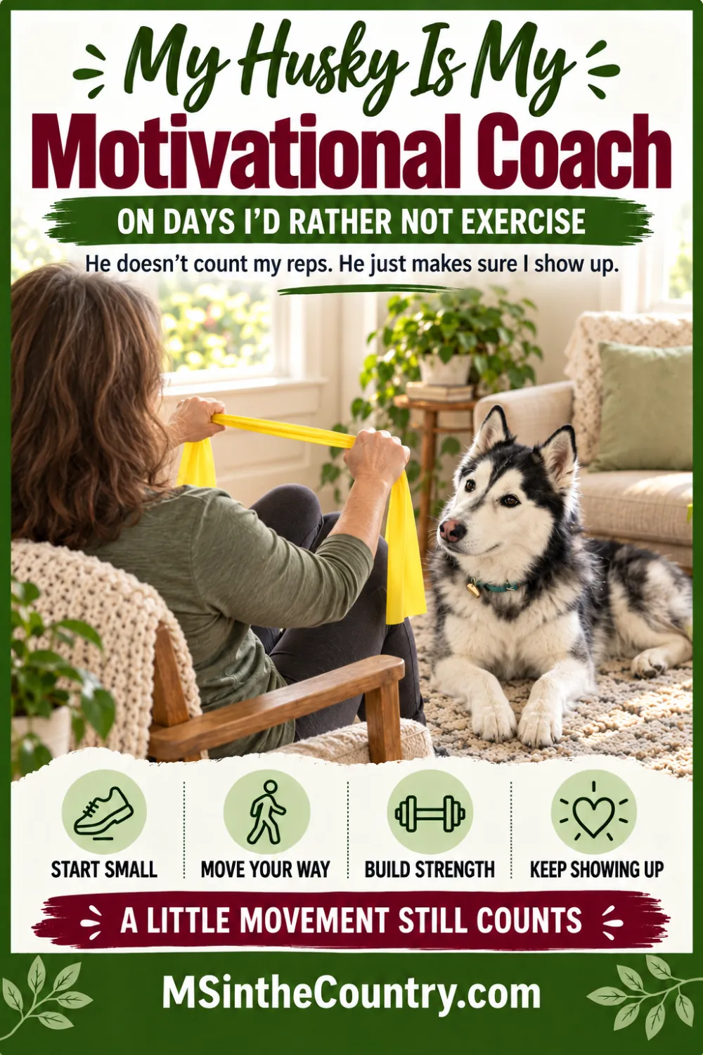 Woman doing seated exercise for MS with a yellow resistance band while her husky, Hei Bai, watches