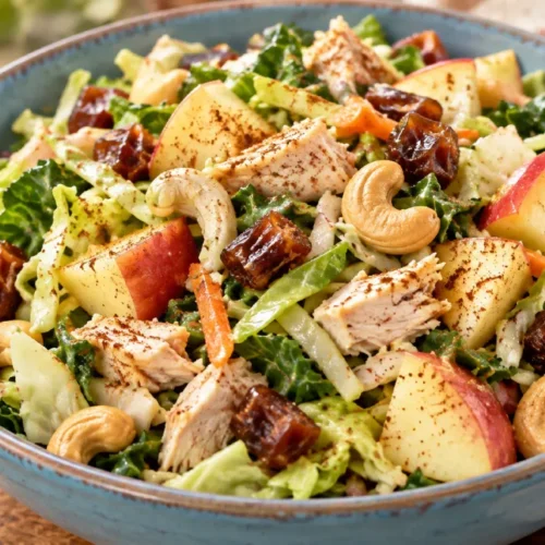 Harvest Chicken Bowl with cinnamon apples, chicken, dates, cashews, and fresh vegetables.