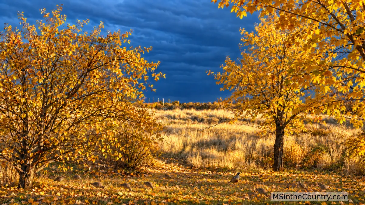 Quail beneath golden autumn trees in a country yard, illustrating Managing MS Naturally in Autumn.