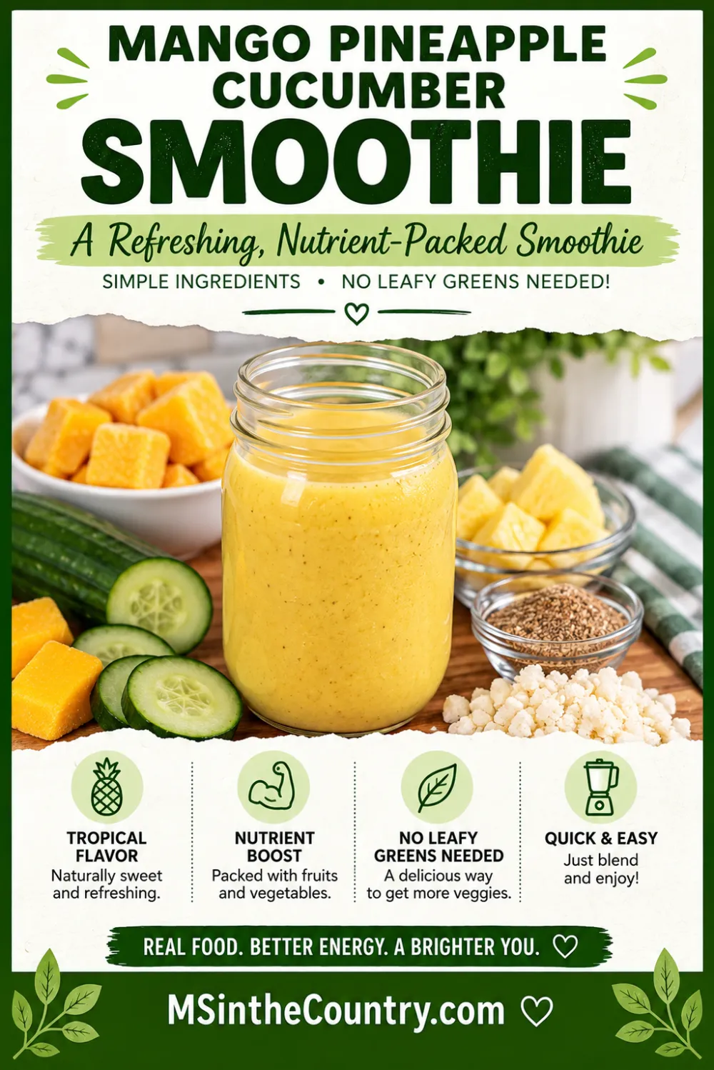 Pinterest pin for mango pineapple cucumber smoothie with cauliflower rice and flaxseed