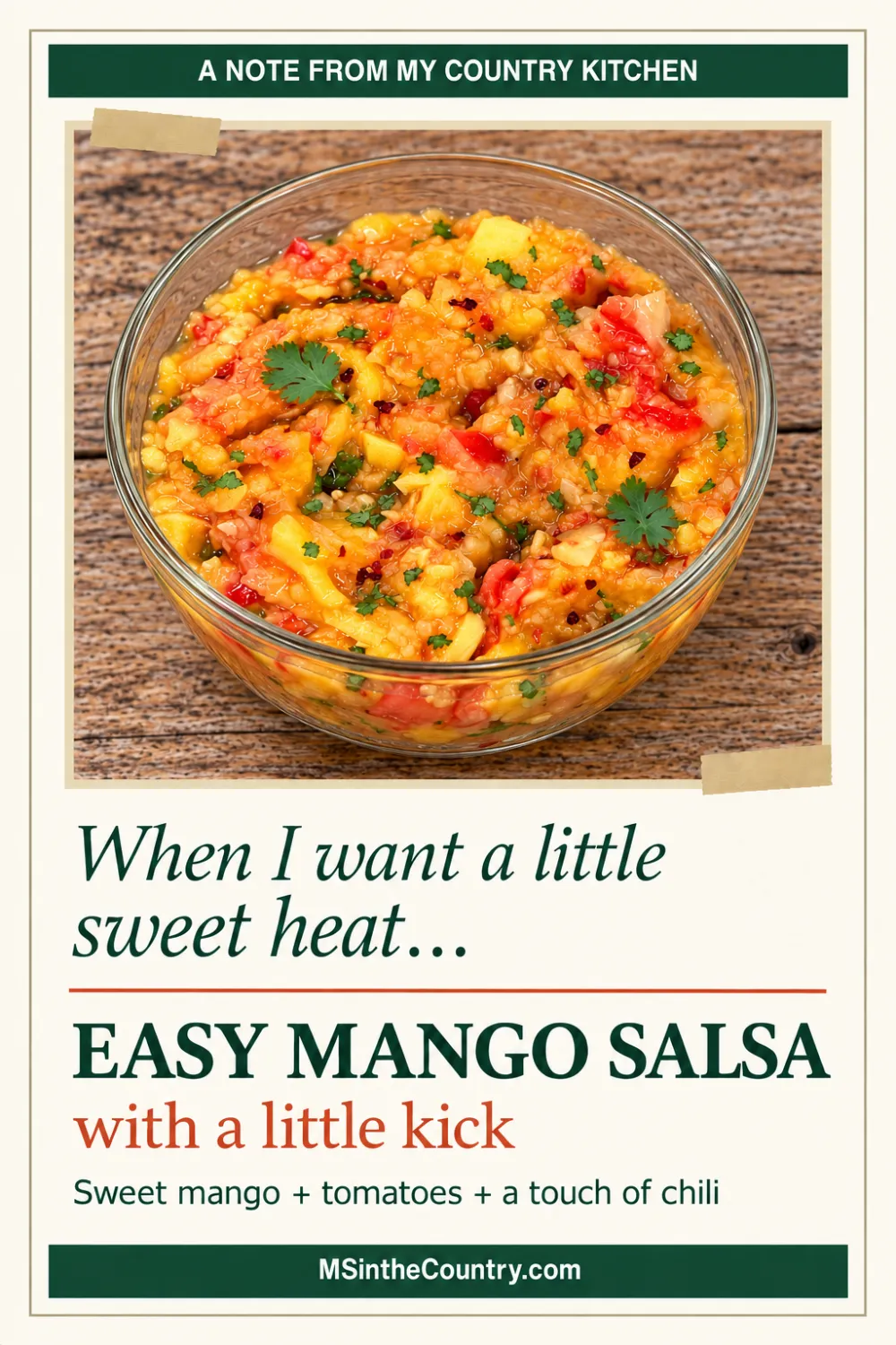 Pinterest pin showing mango salsa topped with cilantro and red pepper flakes in a glass bowl on a rustic wooden table.