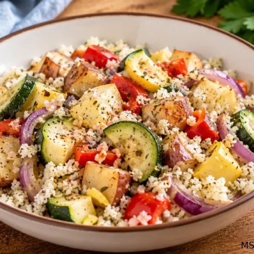 Mediterranean cauliflower rice bowl with vegetables, lemon, olive oil, oregano, sea salt, and pepper.