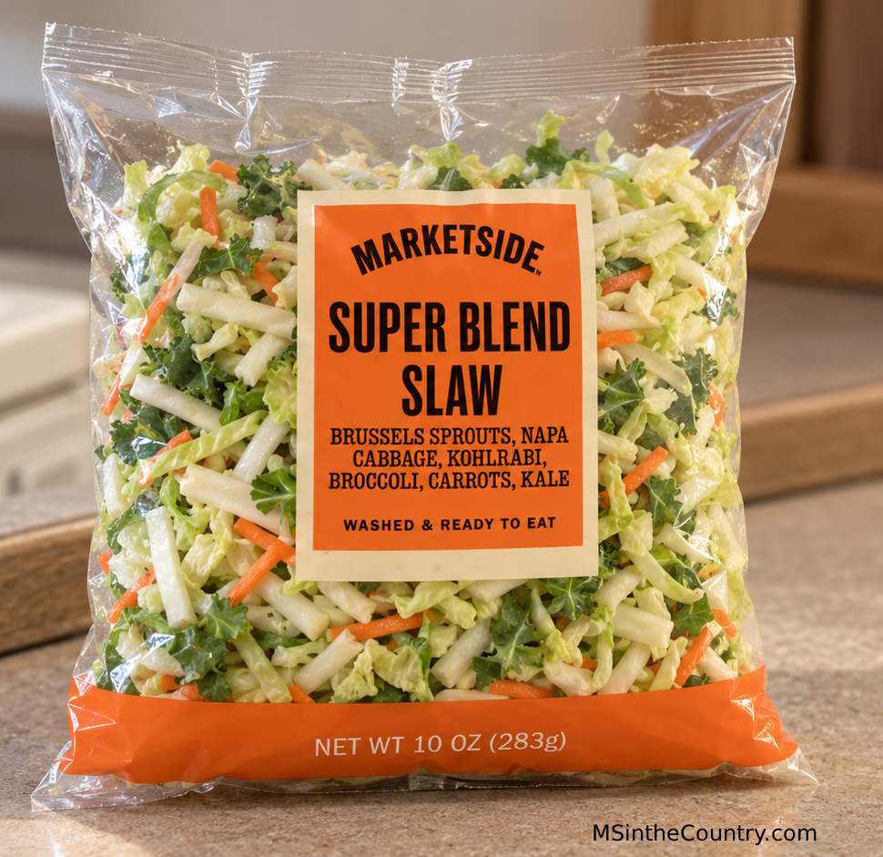 Marketside Super Blend Slaw with shredded Brussels sprouts, cabbage, kohlrabi, broccoli, carrots, and kale.