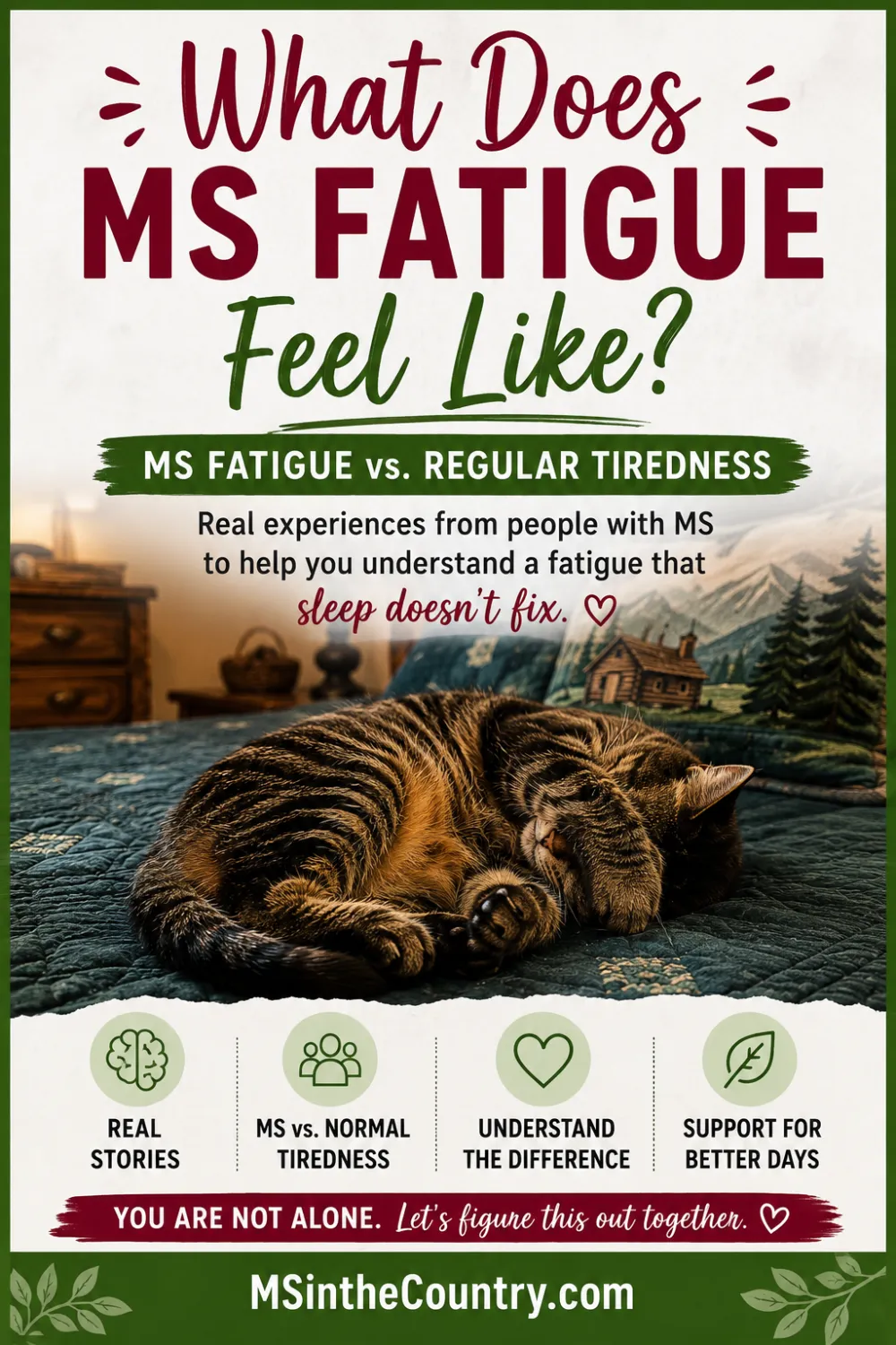 Pinterest pin for What Does MS Fatigue Feel Like? showing a tired tabby cat resting on a bed and comparing MS fatigue vs. regular tiredness.