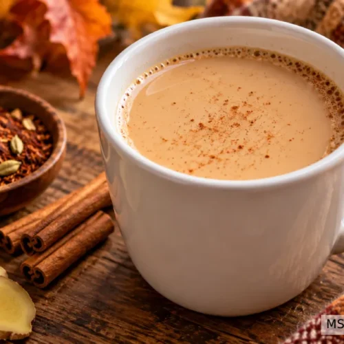 Creamy caffeine-free rooibos chai latte in a white mug, surrounded by cinnamon sticks, fresh ginger, and cozy autumn decorations.